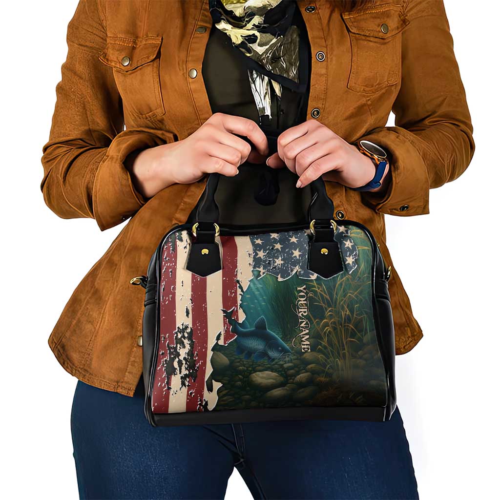 Catfish Fishing Shoulder Handbag with Underwater Scene and Distressed American Flag Background TS04