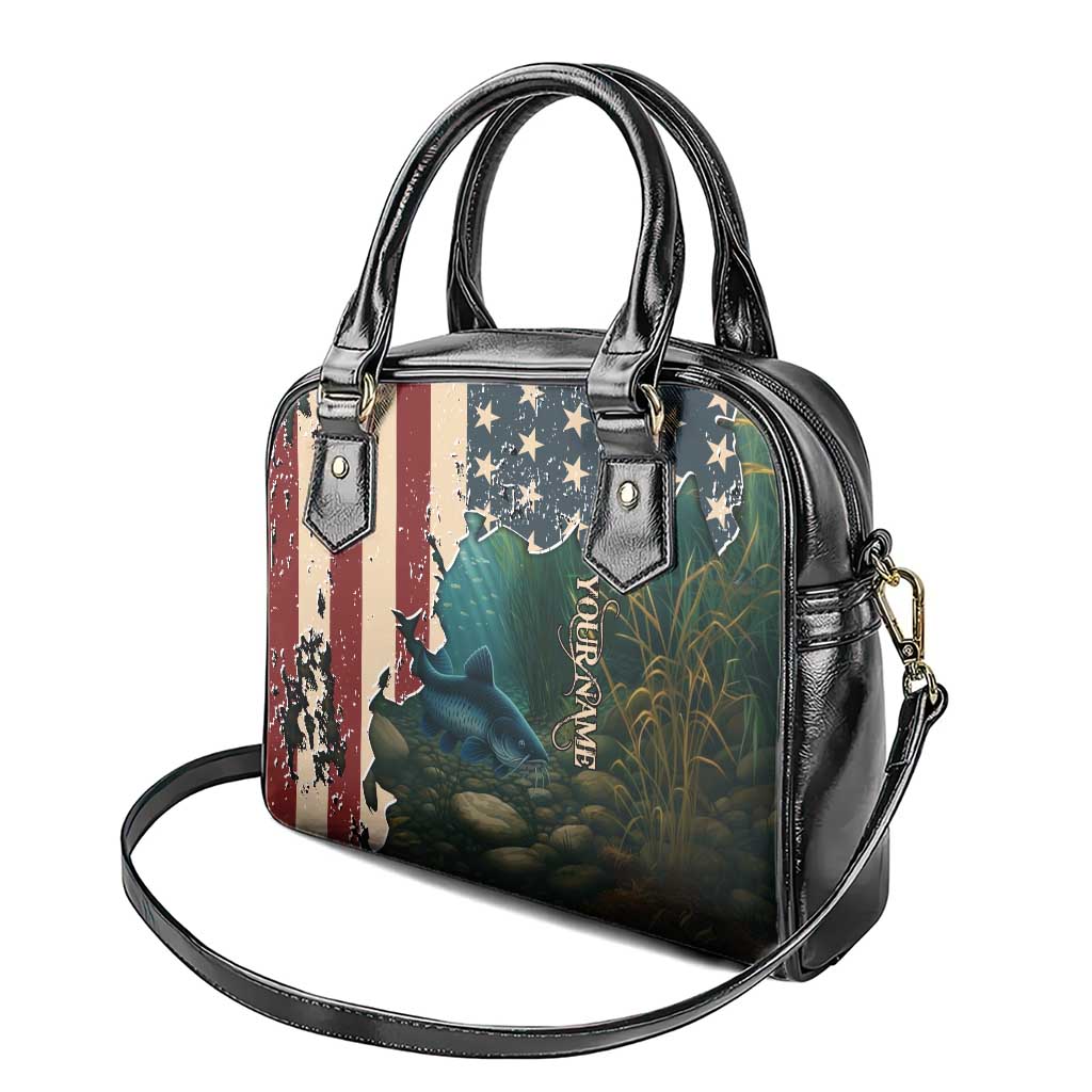 Catfish Fishing Shoulder Handbag with Underwater Scene and Distressed American Flag Background TS04