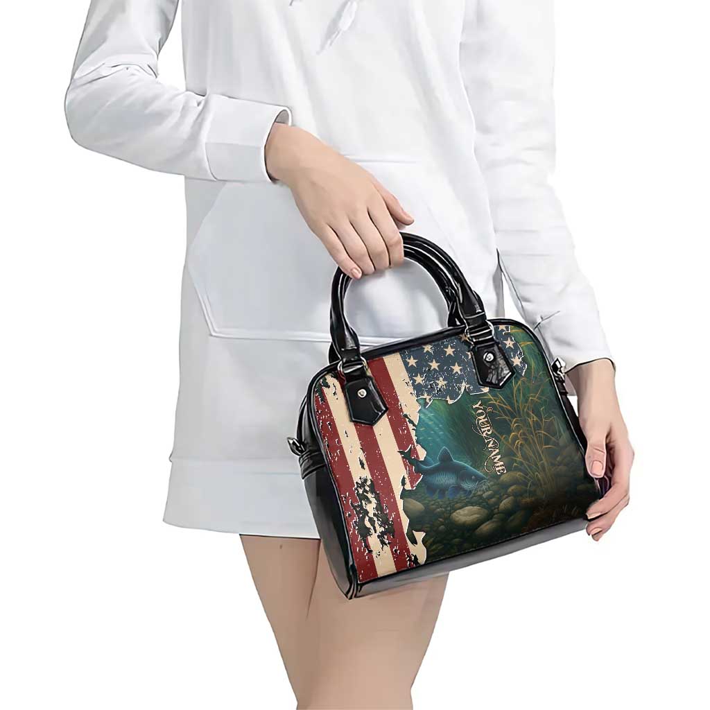 Catfish Fishing Shoulder Handbag with Underwater Scene and Distressed American Flag Background TS04