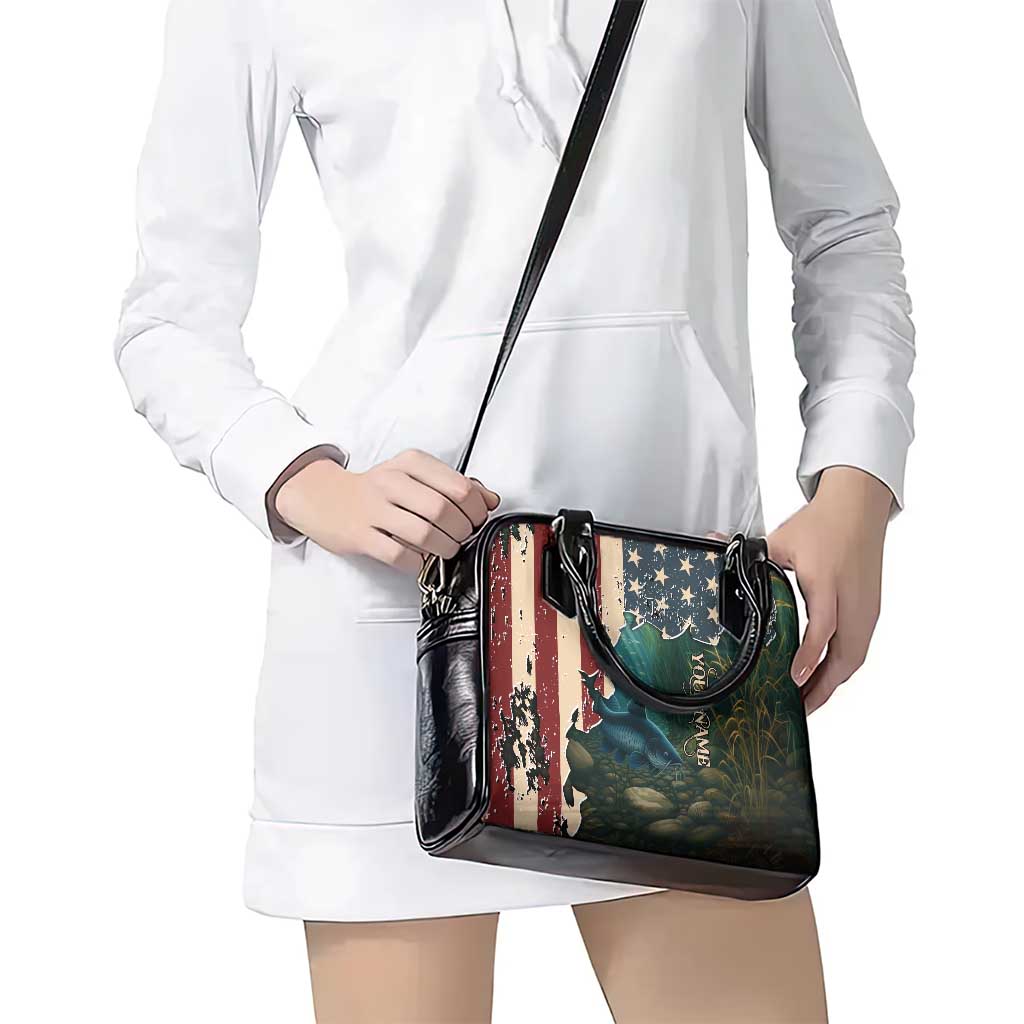 Catfish Fishing Shoulder Handbag with Underwater Scene and Distressed American Flag Background TS04