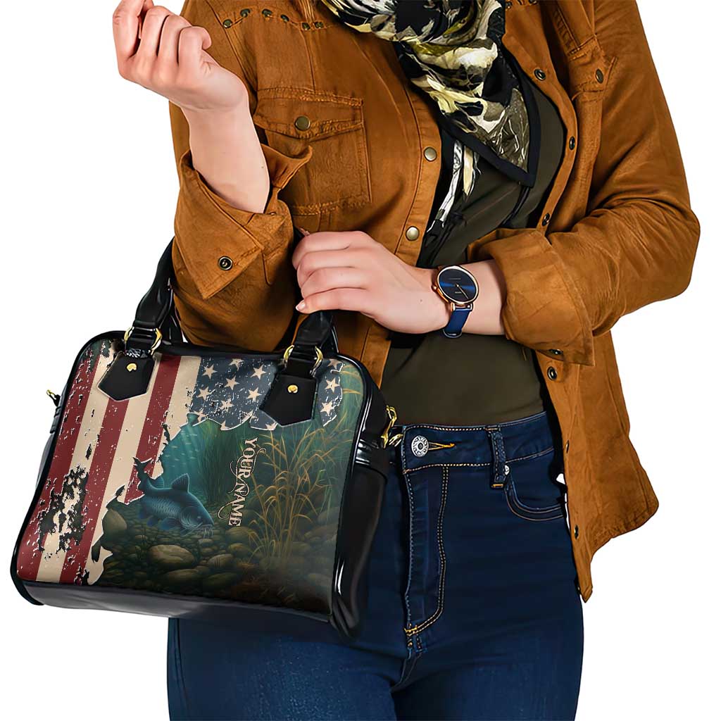 Catfish Fishing Shoulder Handbag with Underwater Scene and Distressed American Flag Background TS04