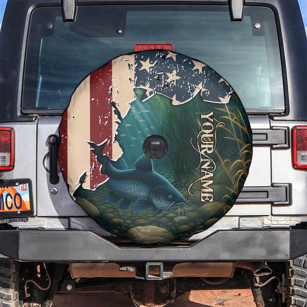 Catfish Fishing Spare Tire Cover with Underwater Scene and Distressed American Flag Background TS04