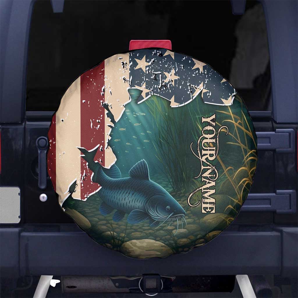 Catfish Fishing Spare Tire Cover with Underwater Scene and Distressed American Flag Background TS04