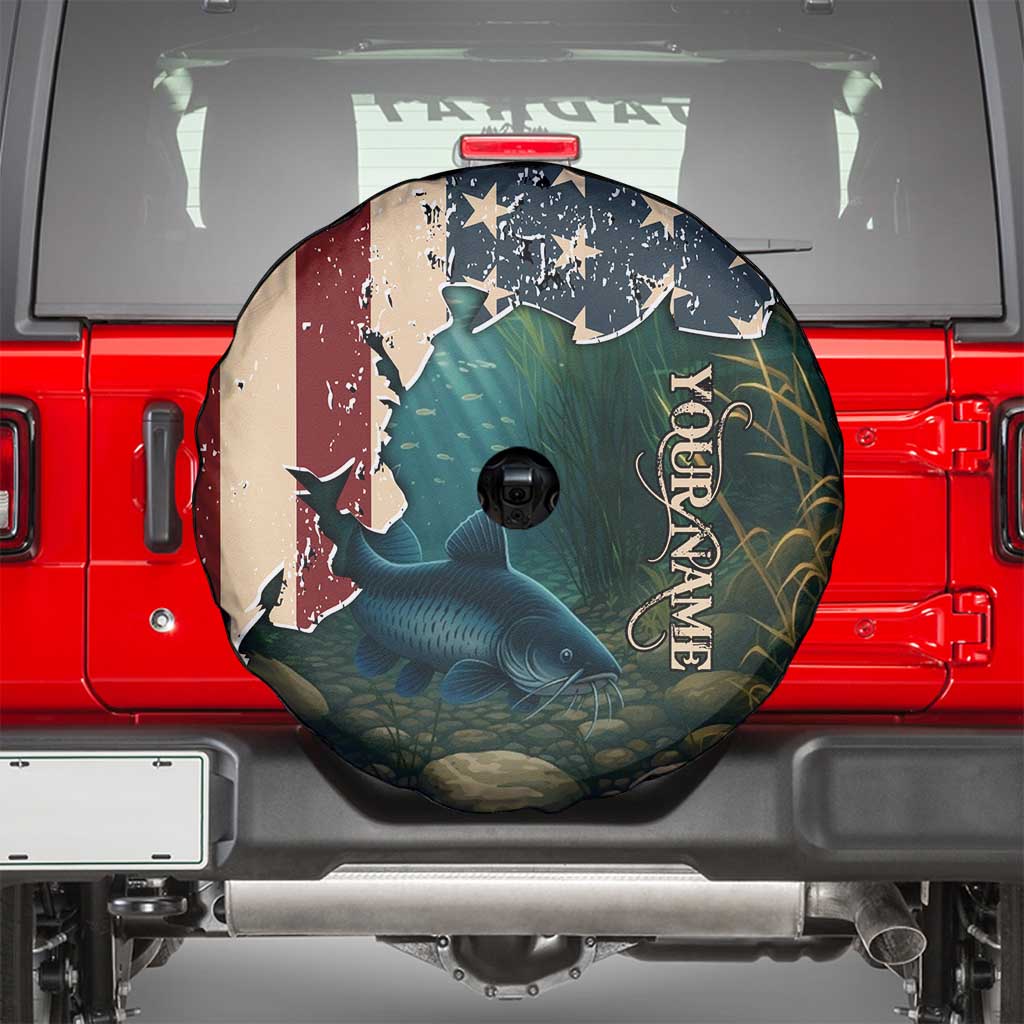 Catfish Fishing Spare Tire Cover with Underwater Scene and Distressed American Flag Background TS04