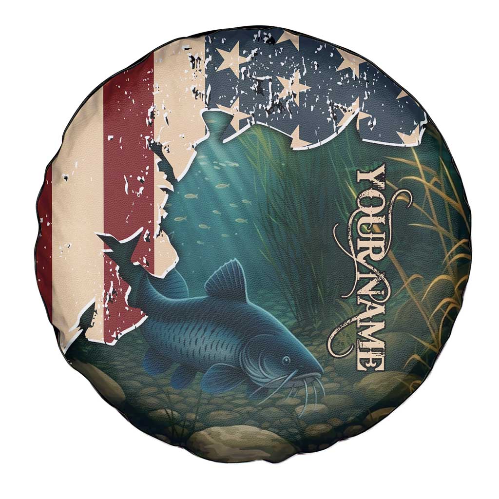 Catfish Fishing Spare Tire Cover with Underwater Scene and Distressed American Flag Background TS04