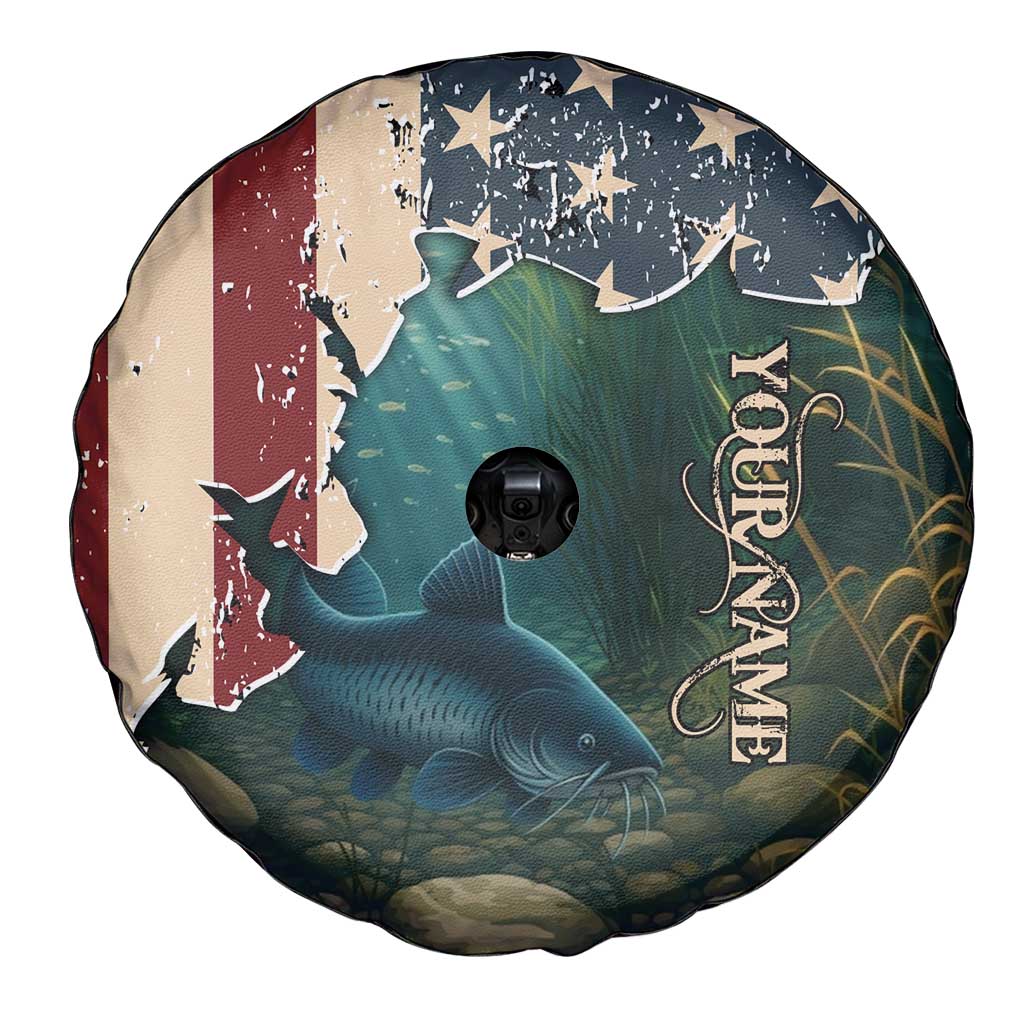 Catfish Fishing Spare Tire Cover with Underwater Scene and Distressed American Flag Background TS04