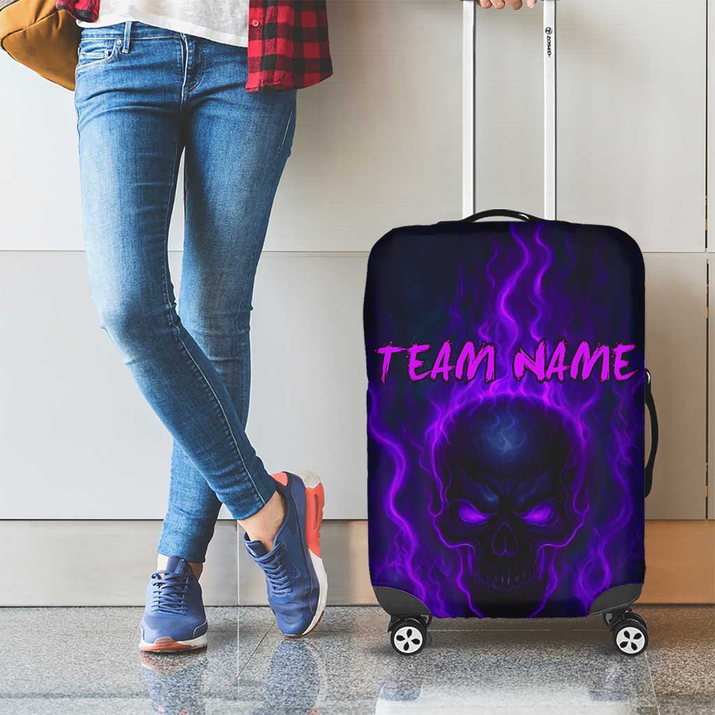 Custom Bowling Purple Flame Skull Luggage Cover Custom Team Name on Dark Background TS04