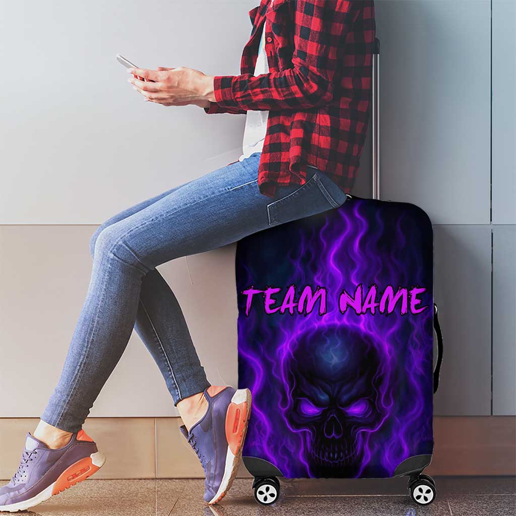 Custom Bowling Purple Flame Skull Luggage Cover Custom Team Name on Dark Background TS04