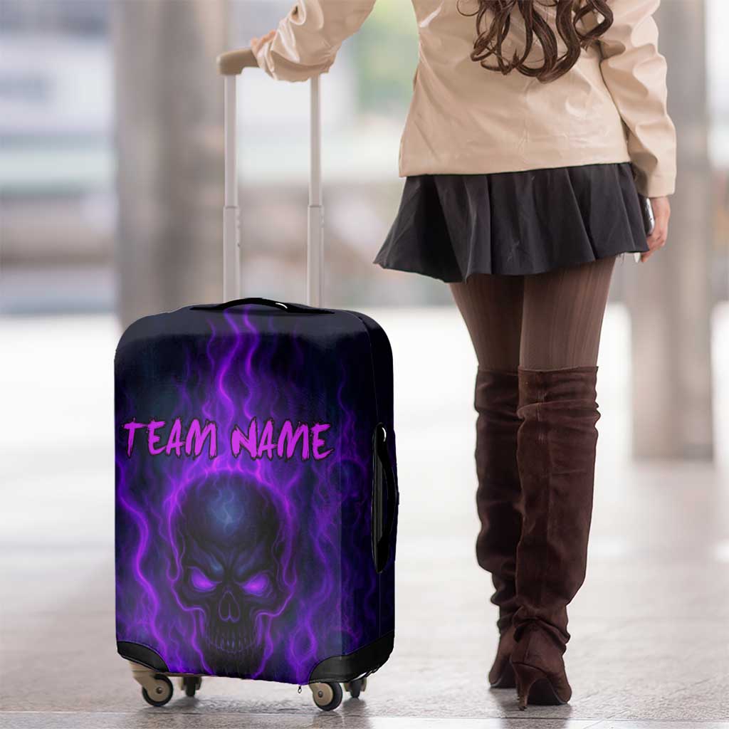 Custom Bowling Purple Flame Skull Luggage Cover Custom Team Name on Dark Background TS04