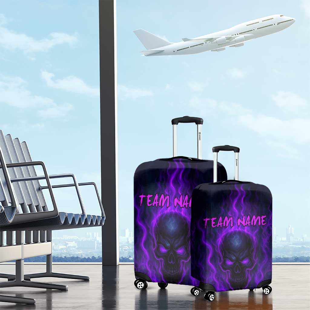 Custom Bowling Purple Flame Skull Luggage Cover Custom Team Name on Dark Background TS04