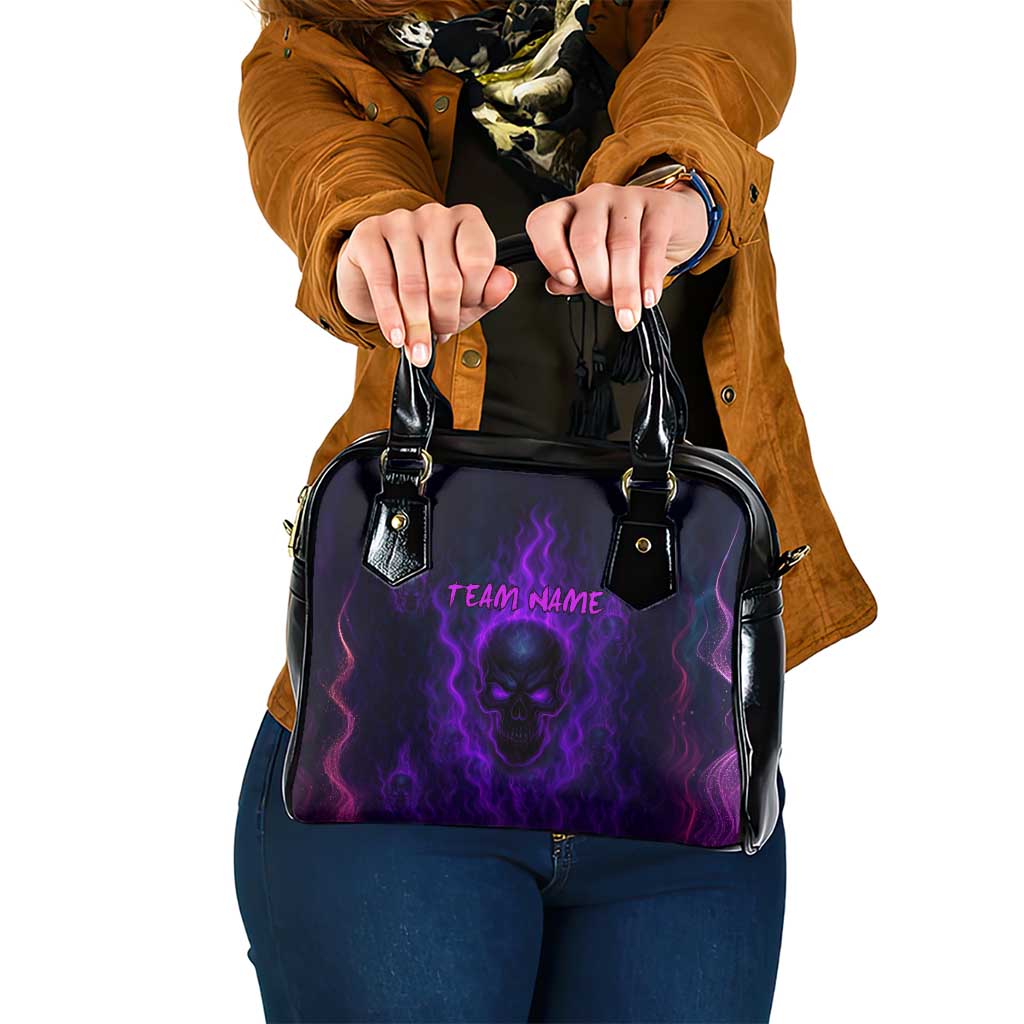 Custom Bowling Purple Flame Skull Shoulder Handbag Custom Team Name on Dark Background TS04