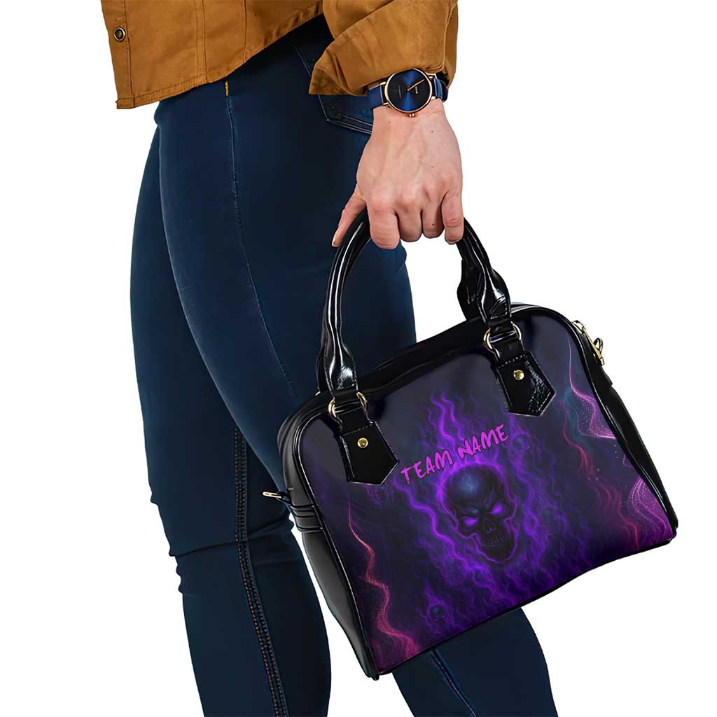 Custom Bowling Purple Flame Skull Shoulder Handbag Custom Team Name on Dark Background TS04