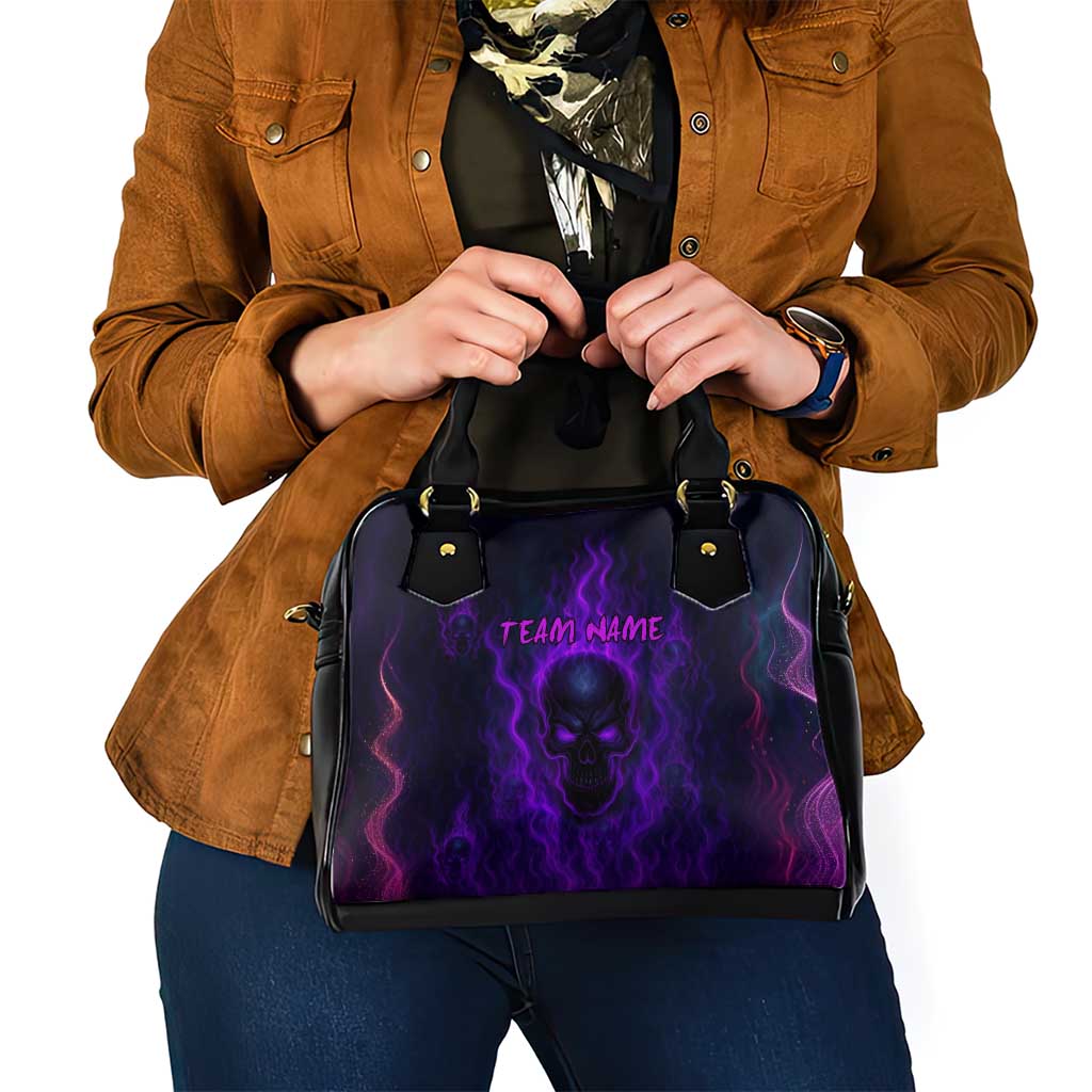 Custom Bowling Purple Flame Skull Shoulder Handbag Custom Team Name on Dark Background TS04