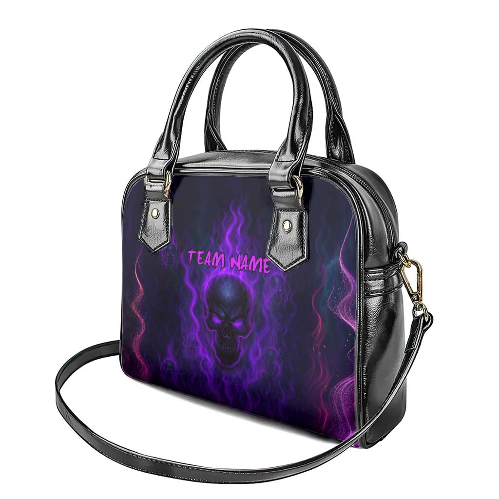 Custom Bowling Purple Flame Skull Shoulder Handbag Custom Team Name on Dark Background TS04