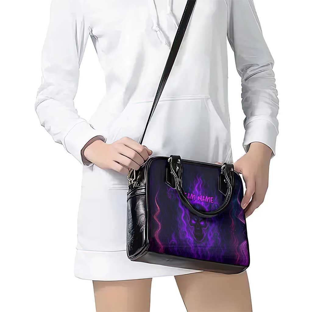 Custom Bowling Purple Flame Skull Shoulder Handbag Custom Team Name on Dark Background TS04
