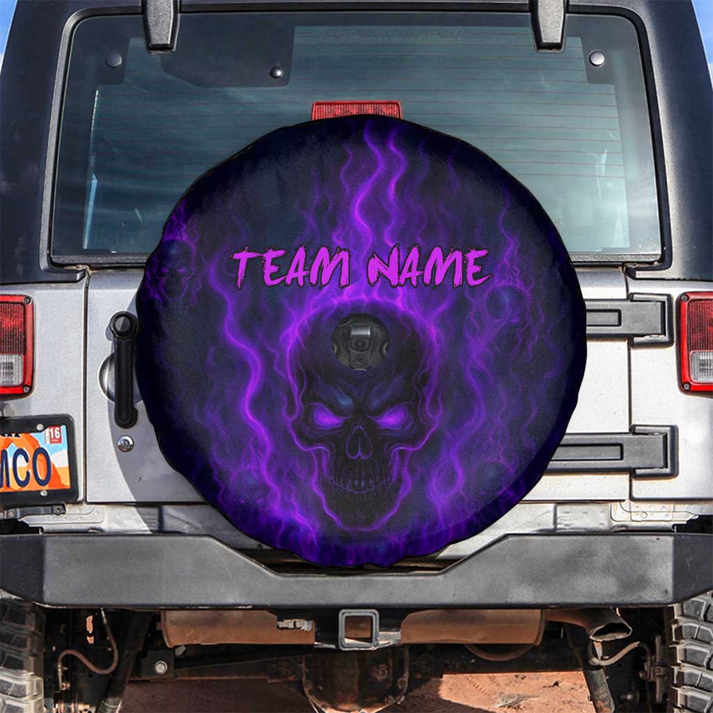 Custom Bowling Purple Flame Skull Spare Tire Cover Custom Team Name on Dark Background TS04