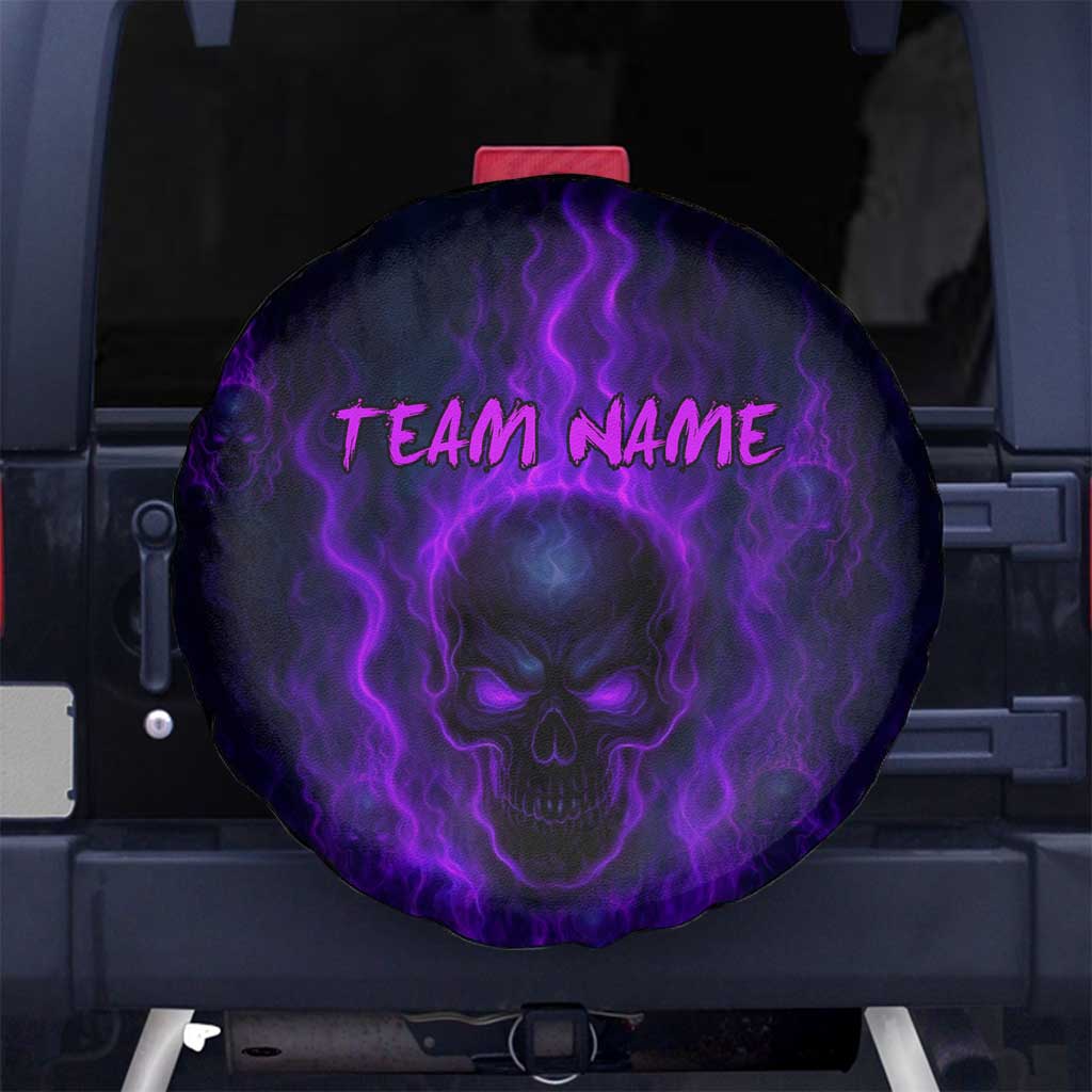 Custom Bowling Purple Flame Skull Spare Tire Cover Custom Team Name on Dark Background TS04
