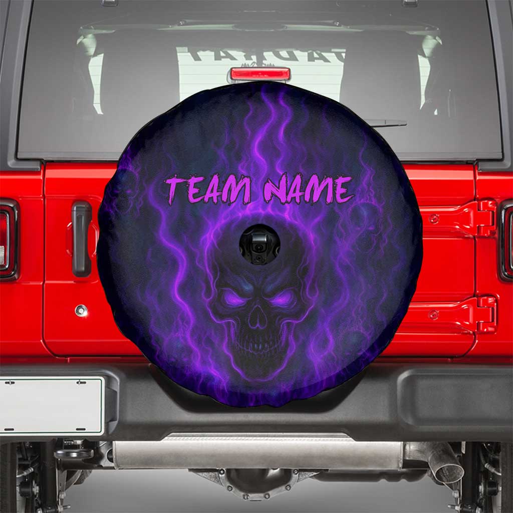 Custom Bowling Purple Flame Skull Spare Tire Cover Custom Team Name on Dark Background TS04