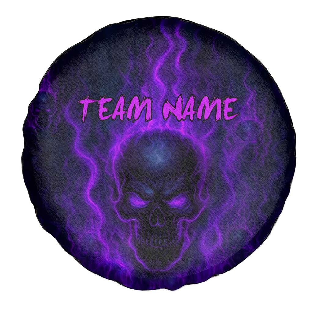 Custom Bowling Purple Flame Skull Spare Tire Cover Custom Team Name on Dark Background TS04