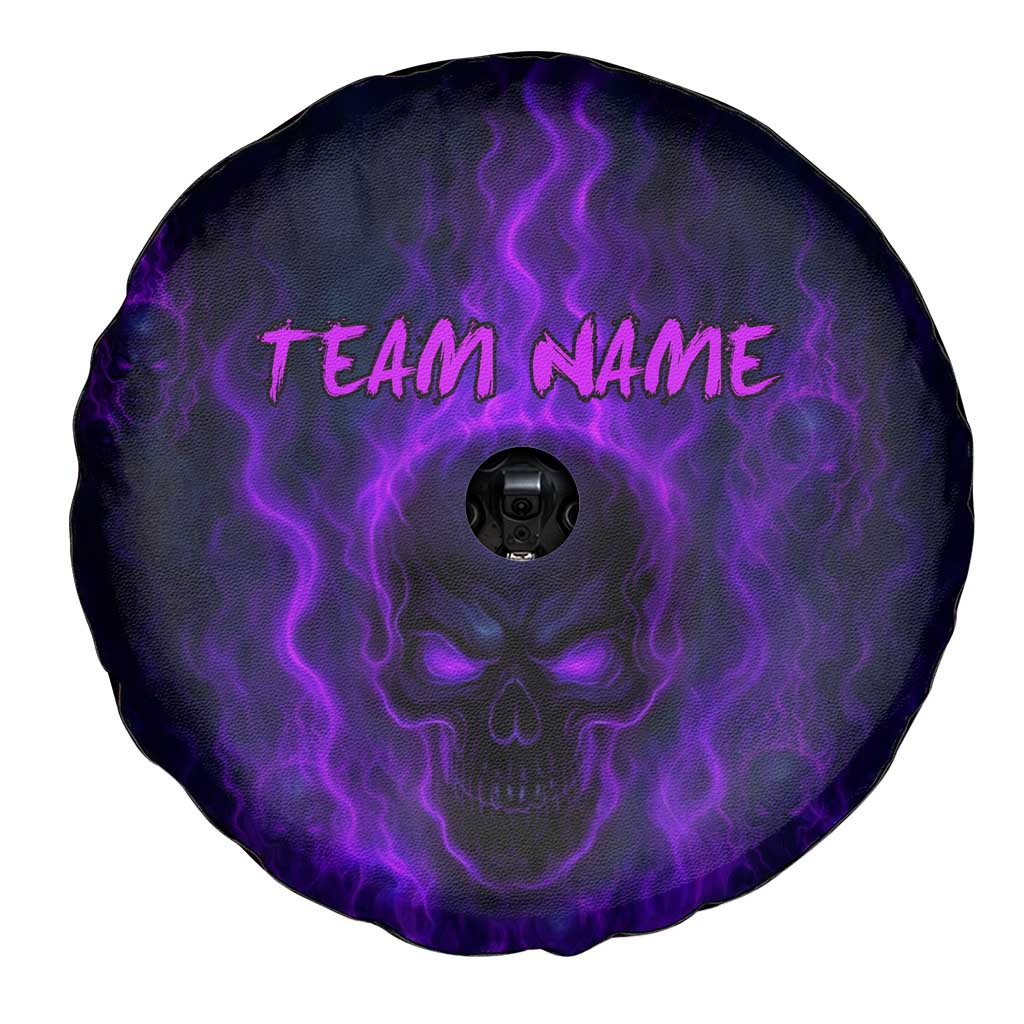 Custom Bowling Purple Flame Skull Spare Tire Cover Custom Team Name on Dark Background TS04