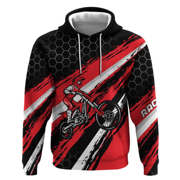 Custom Dirt Bike Hoodie Motocross Rider Red Black Hex Pattern and Racing Number TS04