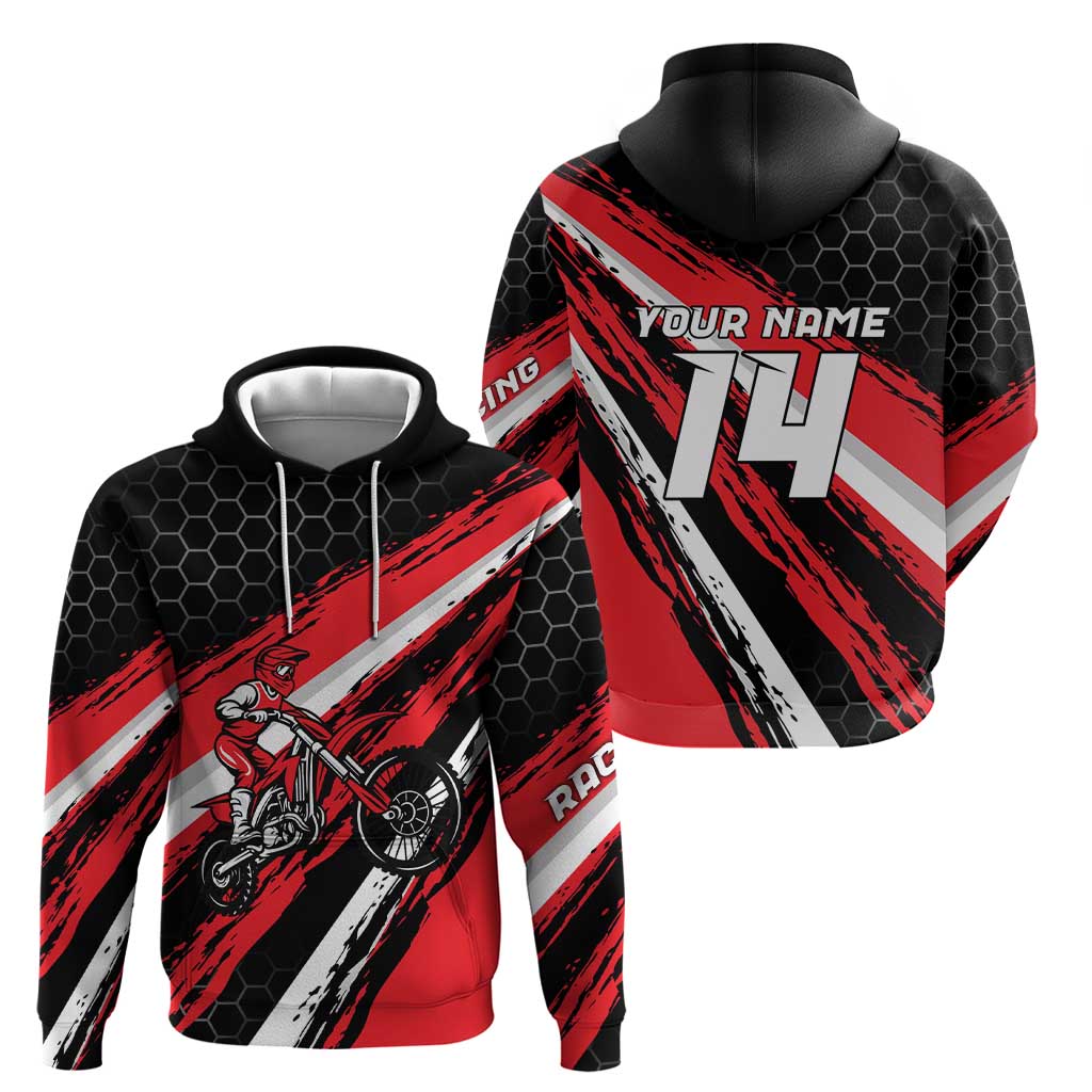 Custom Dirt Bike Hoodie Motocross Rider Red Black Hex Pattern and Racing Number TS04