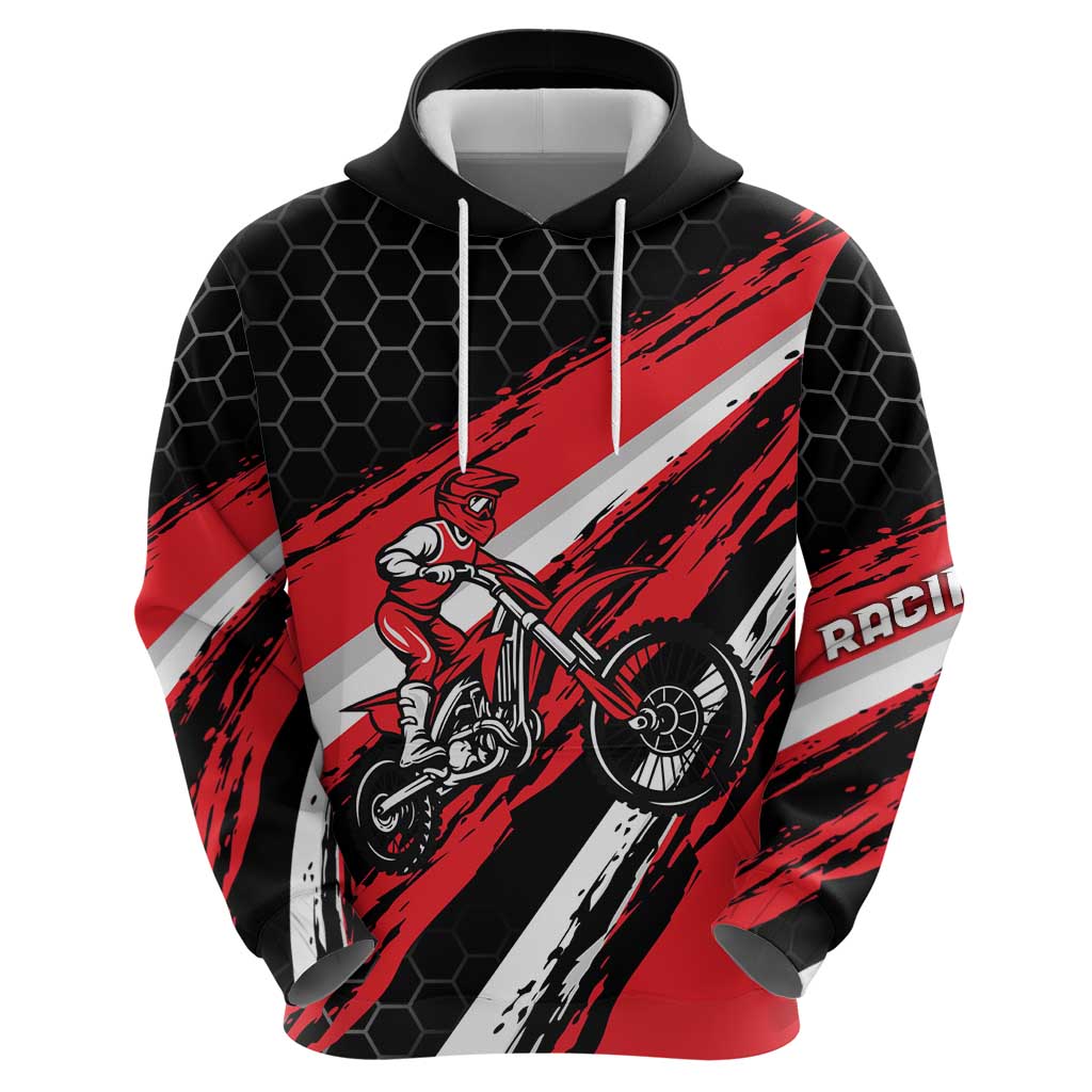Custom Dirt Bike Hoodie Motocross Rider Red Black Hex Pattern and Racing Number TS04