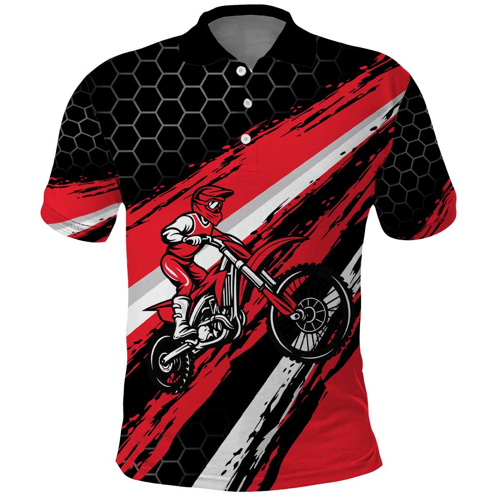 Custom Dirt Bike Polo Shirt Motocross Rider Red Black Hex Pattern and Racing Number TS04