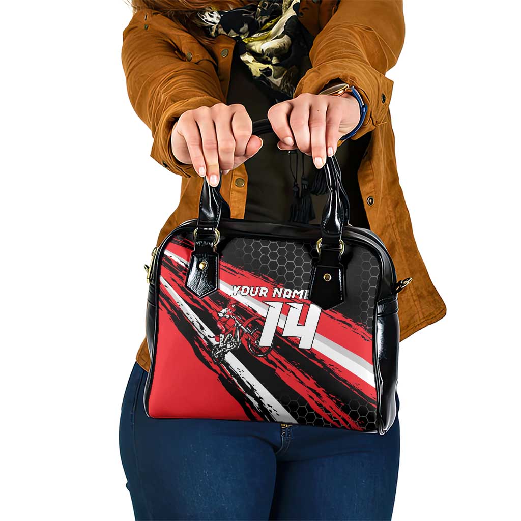 Custom Dirt Bike Shoulder Handbag Motocross Rider Red Black Hex Pattern and Racing Number TS04