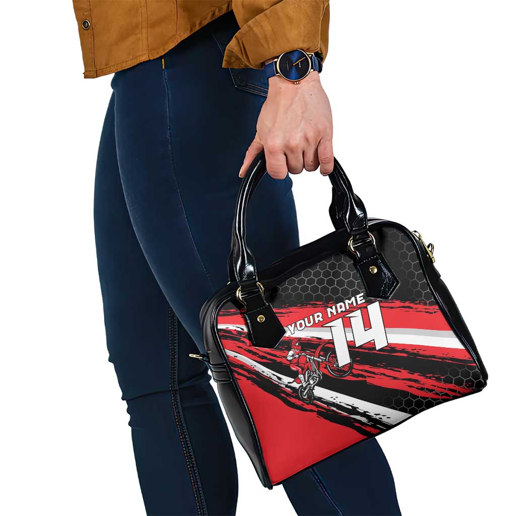 Custom Dirt Bike Shoulder Handbag Motocross Rider Red Black Hex Pattern and Racing Number TS04