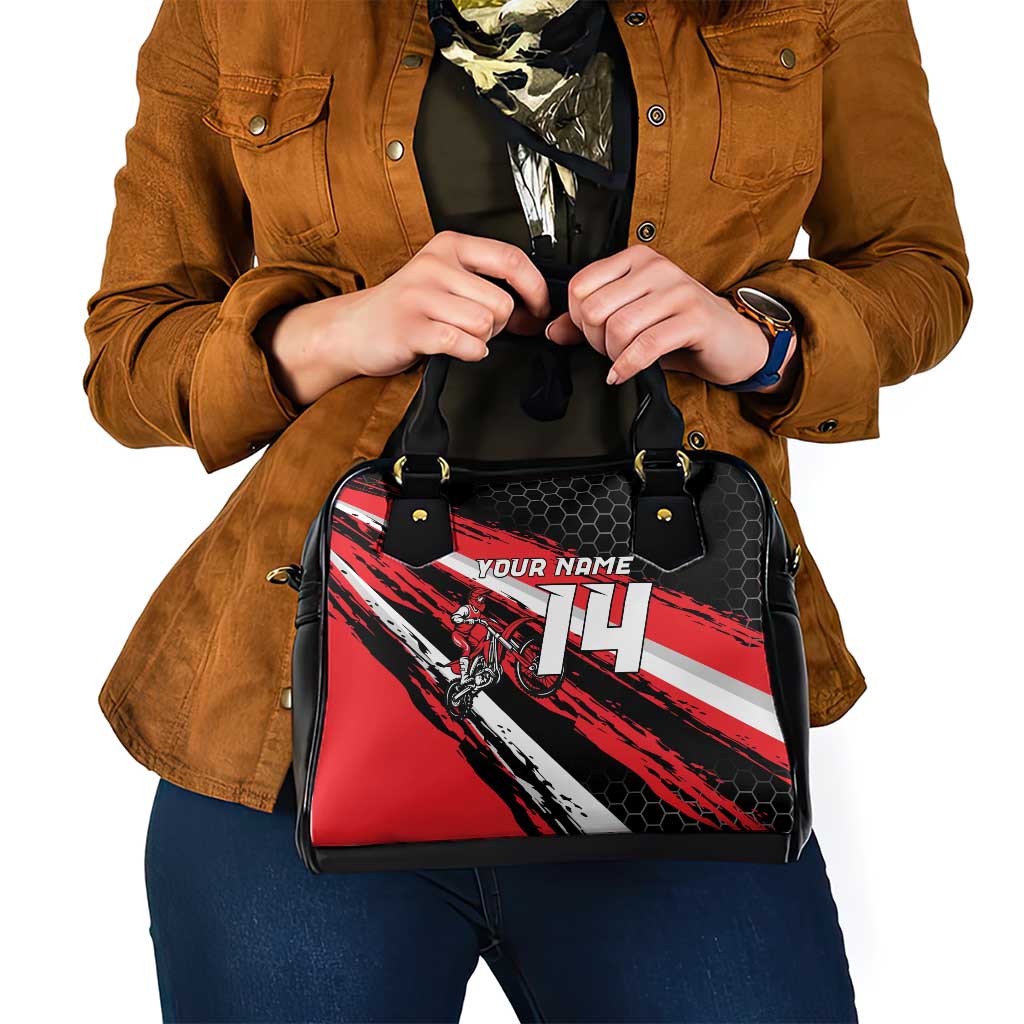 Custom Dirt Bike Shoulder Handbag Motocross Rider Red Black Hex Pattern and Racing Number TS04