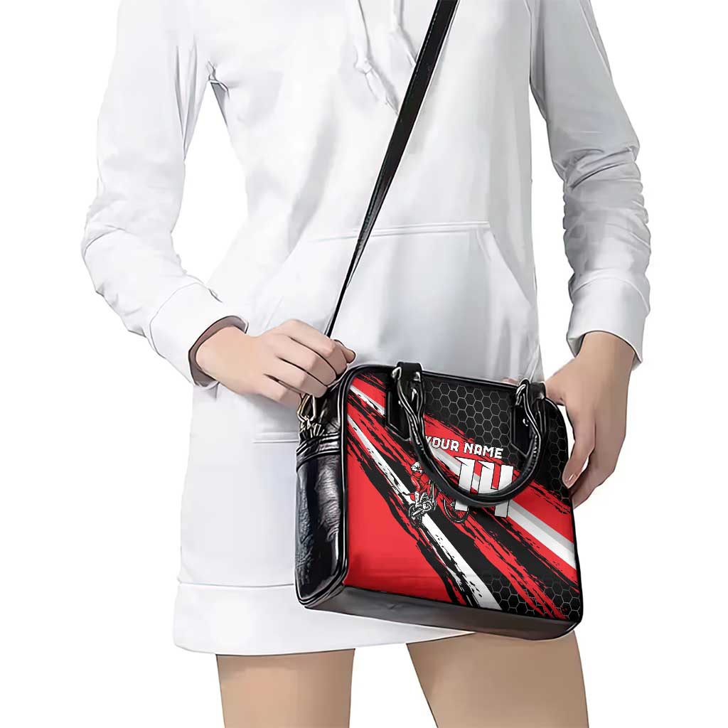 Custom Dirt Bike Shoulder Handbag Motocross Rider Red Black Hex Pattern and Racing Number TS04