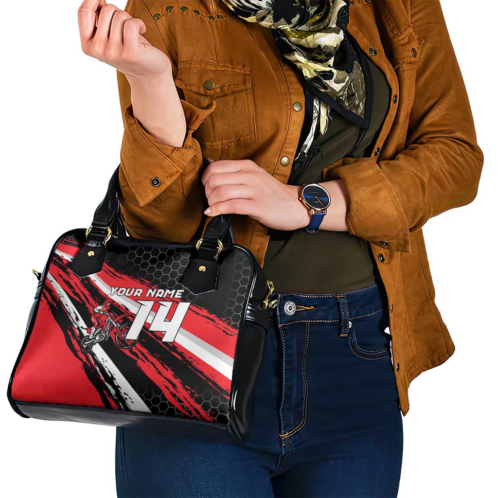 Custom Dirt Bike Shoulder Handbag Motocross Rider Red Black Hex Pattern and Racing Number TS04