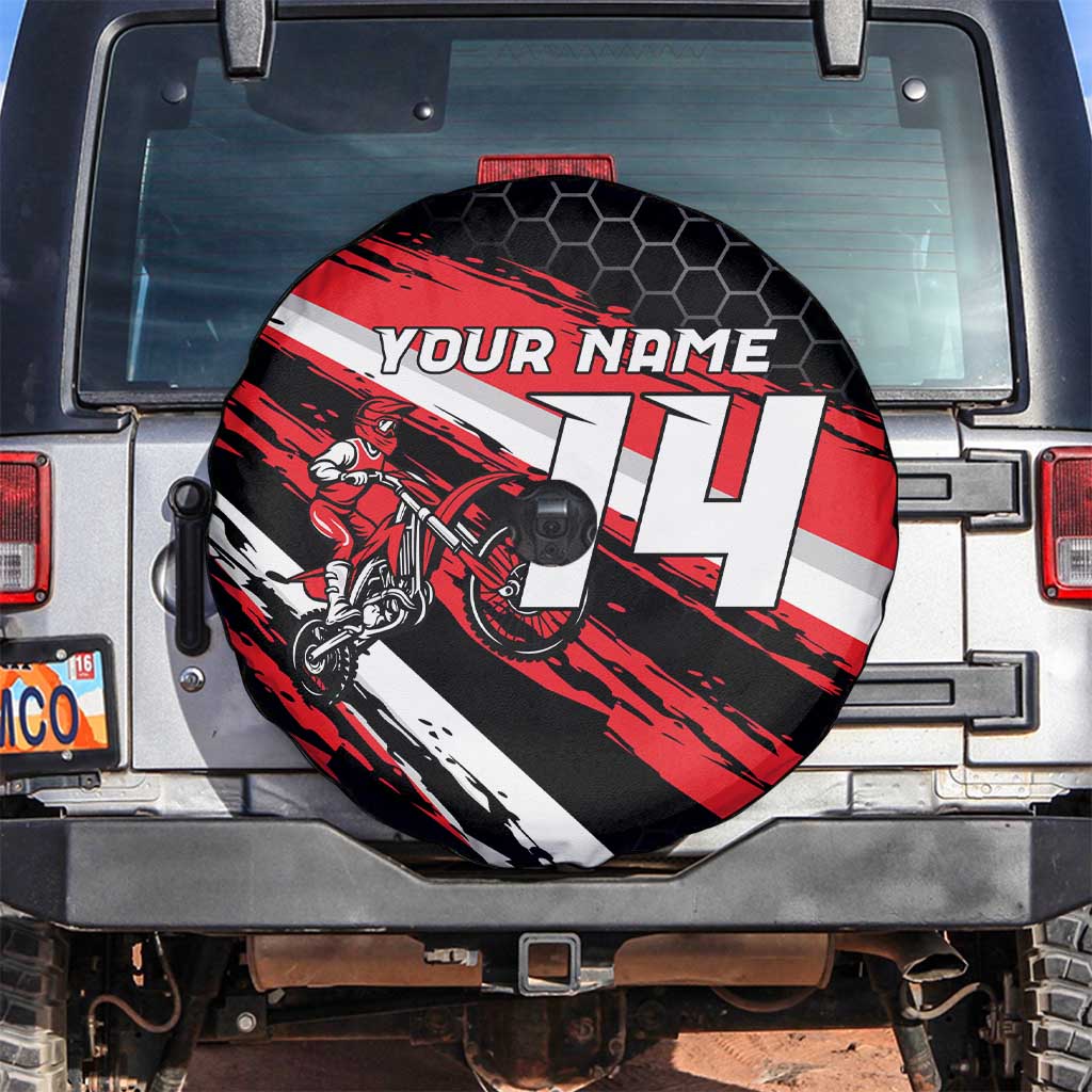 Custom Dirt Bike Spare Tire Cover Motocross Rider Red Black Hex Pattern and Racing Number TS04