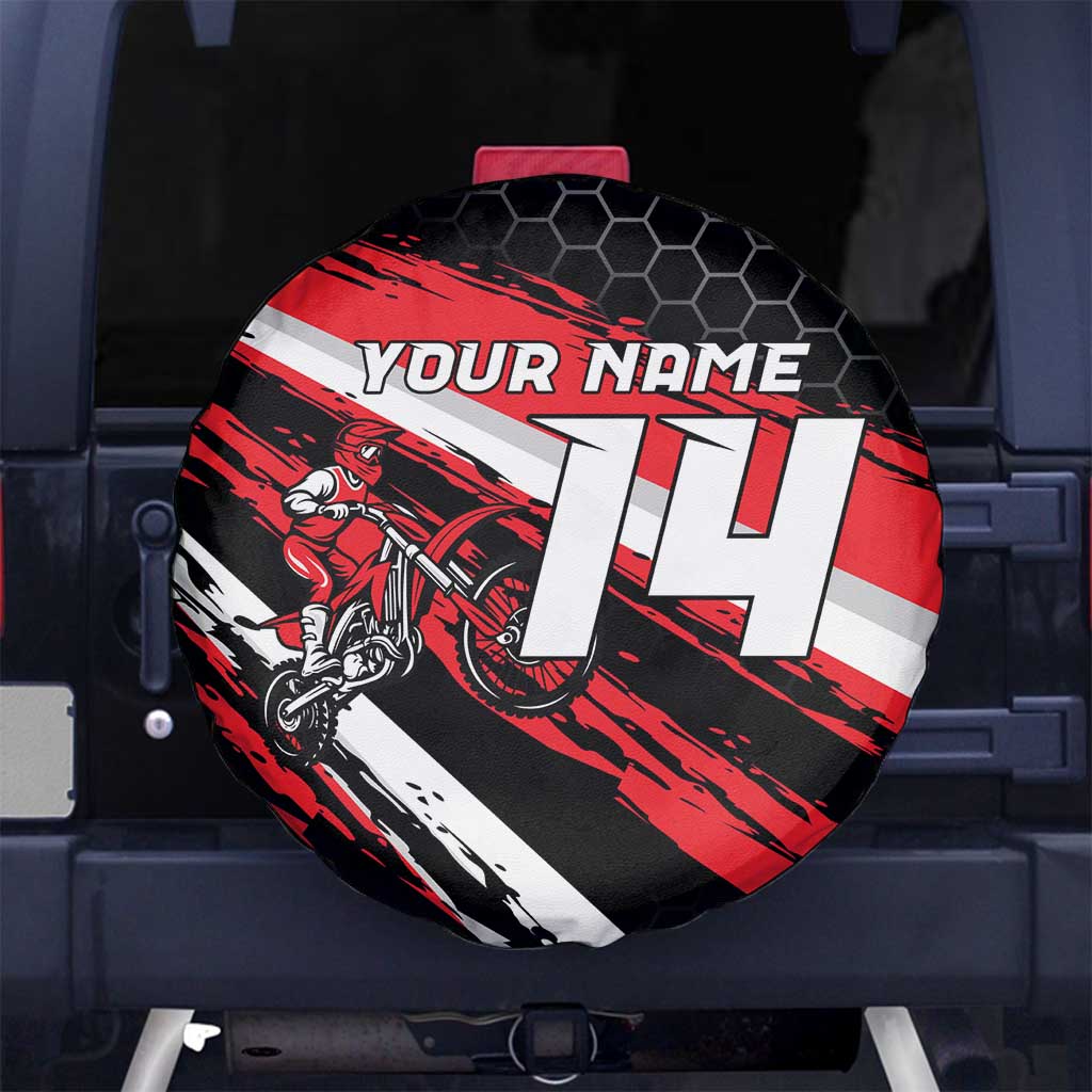 Custom Dirt Bike Spare Tire Cover Motocross Rider Red Black Hex Pattern and Racing Number TS04
