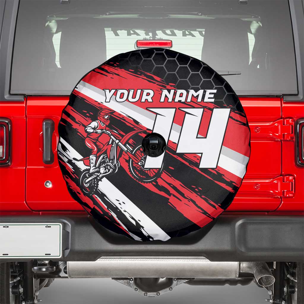 Custom Dirt Bike Spare Tire Cover Motocross Rider Red Black Hex Pattern and Racing Number TS04
