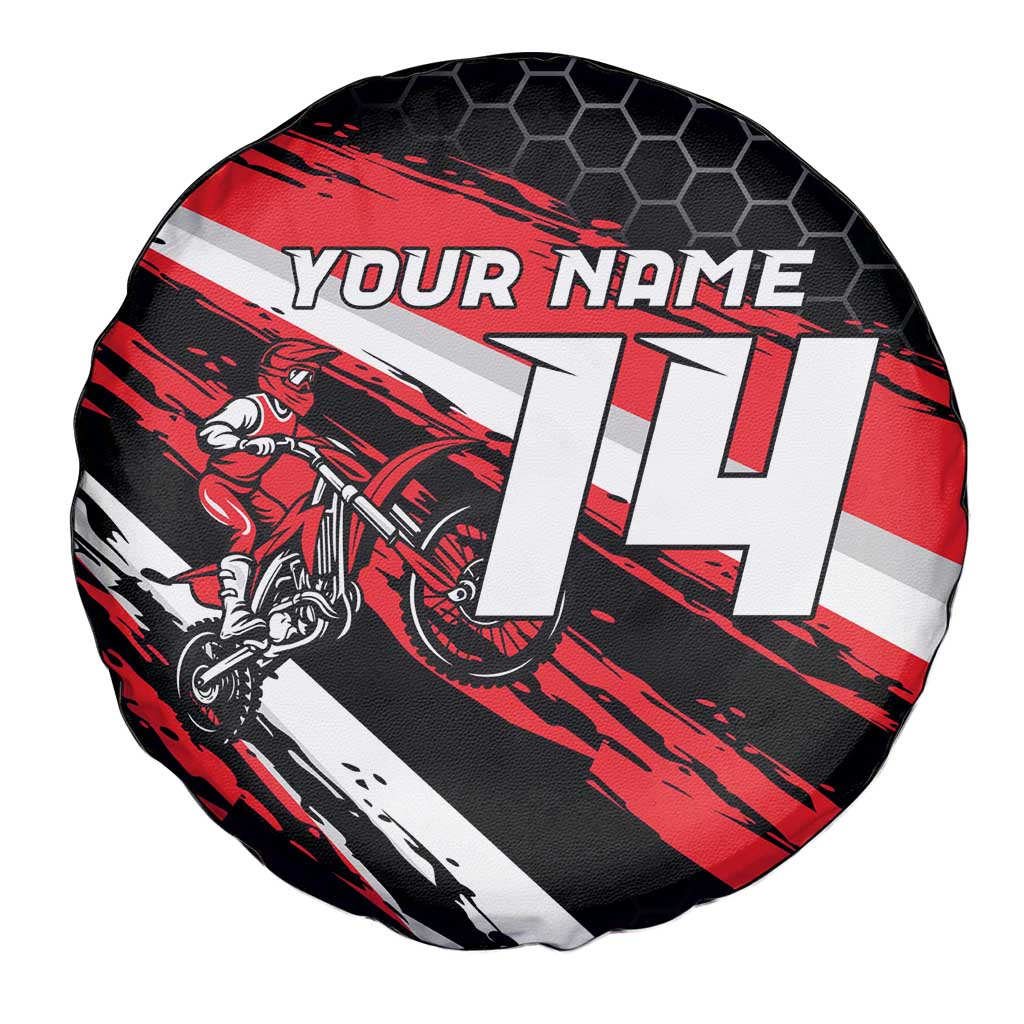 Custom Dirt Bike Spare Tire Cover Motocross Rider Red Black Hex Pattern and Racing Number TS04