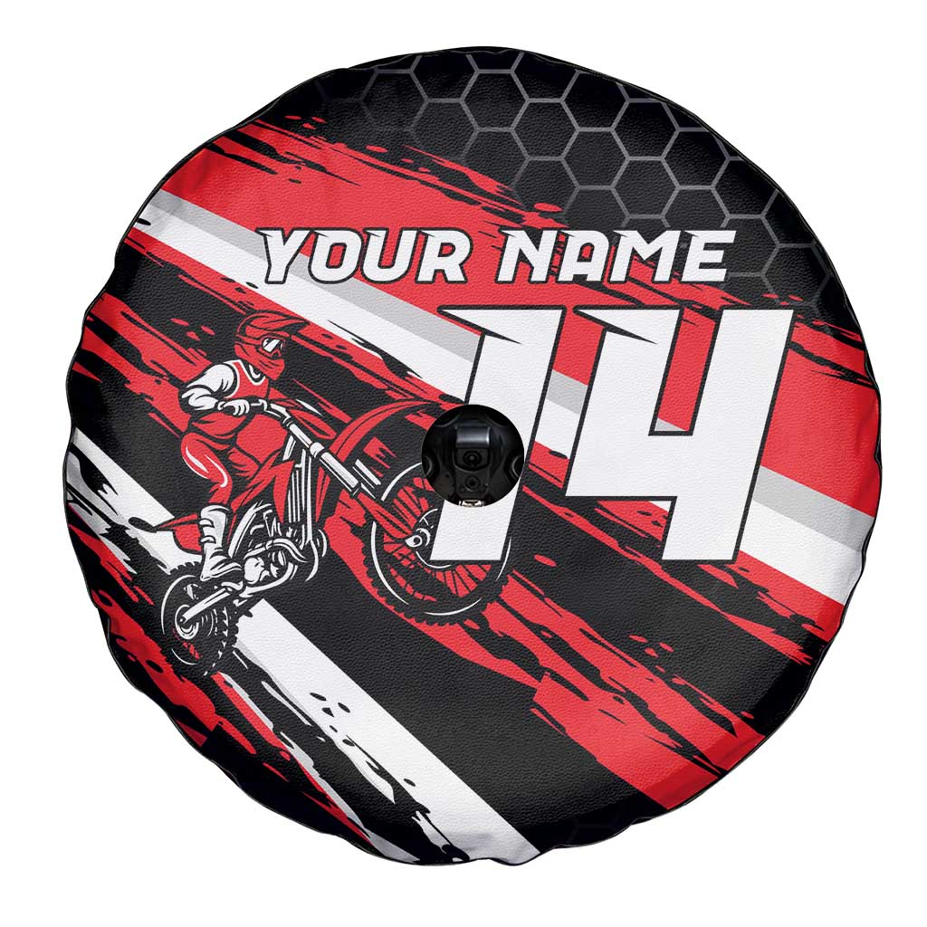 Custom Dirt Bike Spare Tire Cover Motocross Rider Red Black Hex Pattern and Racing Number TS04
