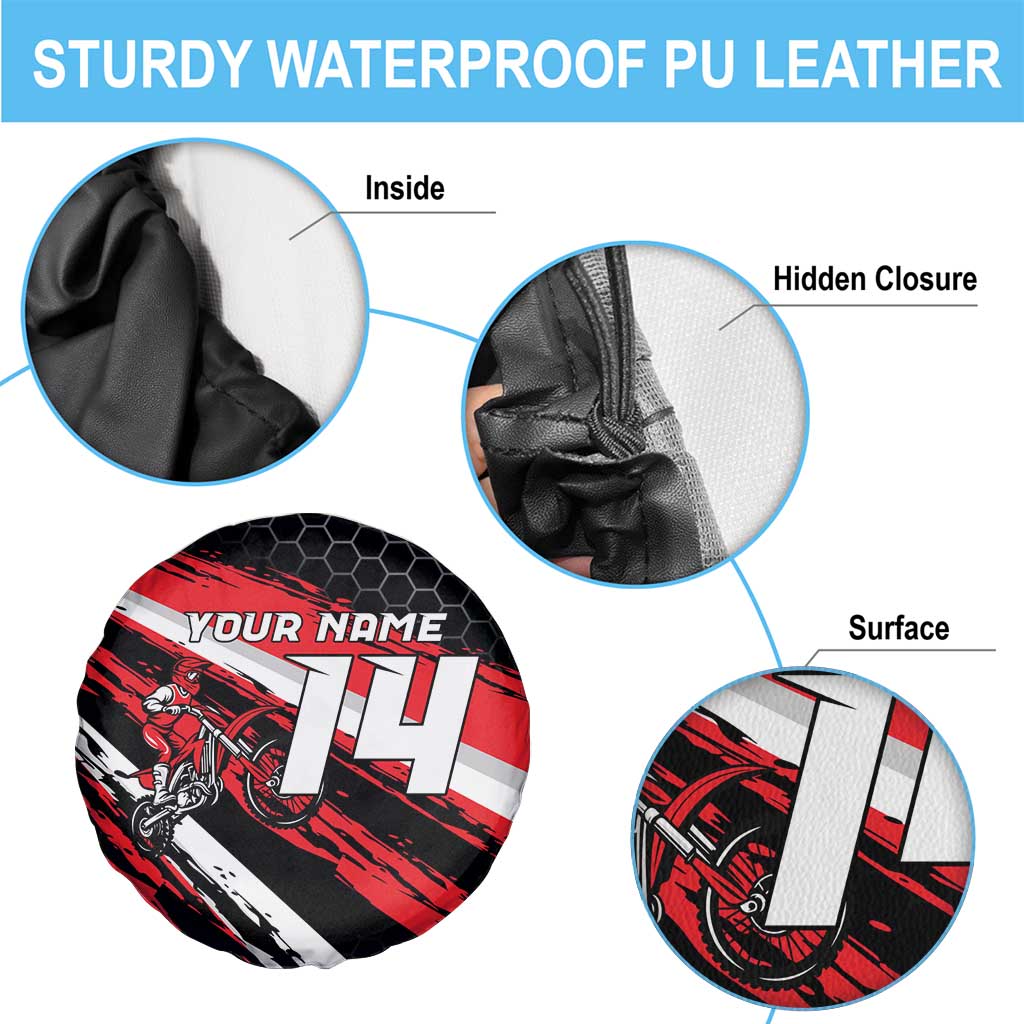Custom Dirt Bike Spare Tire Cover Motocross Rider Red Black Hex Pattern and Racing Number TS04