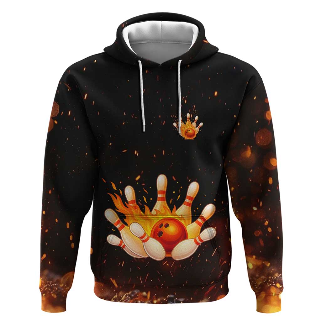 Flaming Bowling Ball Design Hoodie with Strike Pins and Glowing Fire Sparks on Dark Background TS04