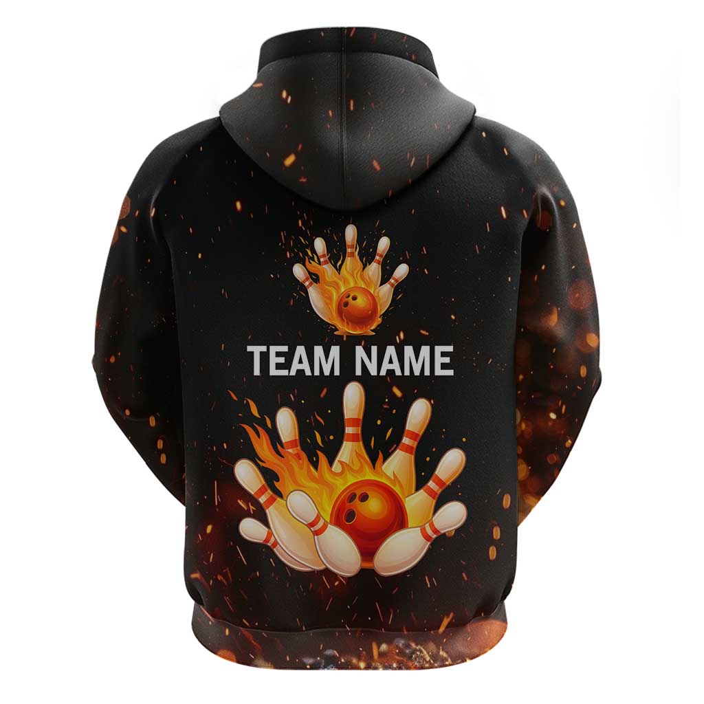 Flaming Bowling Ball Design Hoodie with Strike Pins and Glowing Fire Sparks on Dark Background TS04