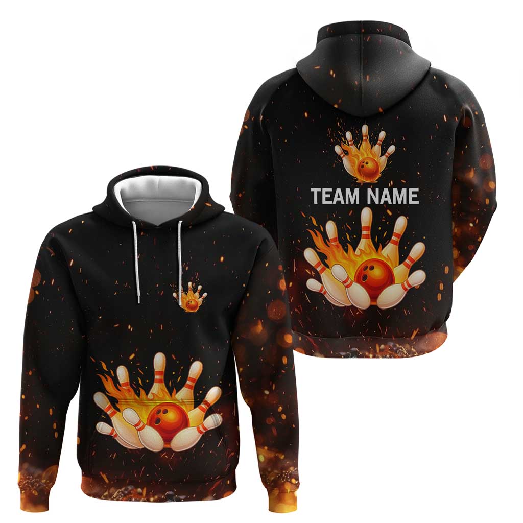 Flaming Bowling Ball Design Hoodie with Strike Pins and Glowing Fire Sparks on Dark Background TS04