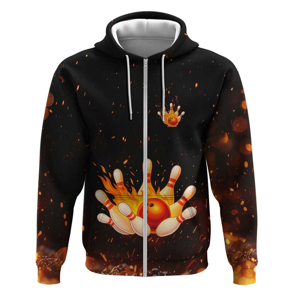 Flaming Bowling Ball Design Hoodie with Strike Pins and Glowing Fire Sparks on Dark Background TS04