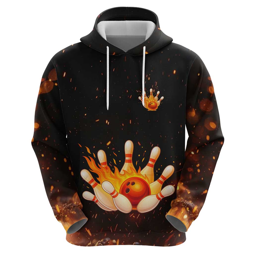 Flaming Bowling Ball Design Hoodie with Strike Pins and Glowing Fire Sparks on Dark Background TS04