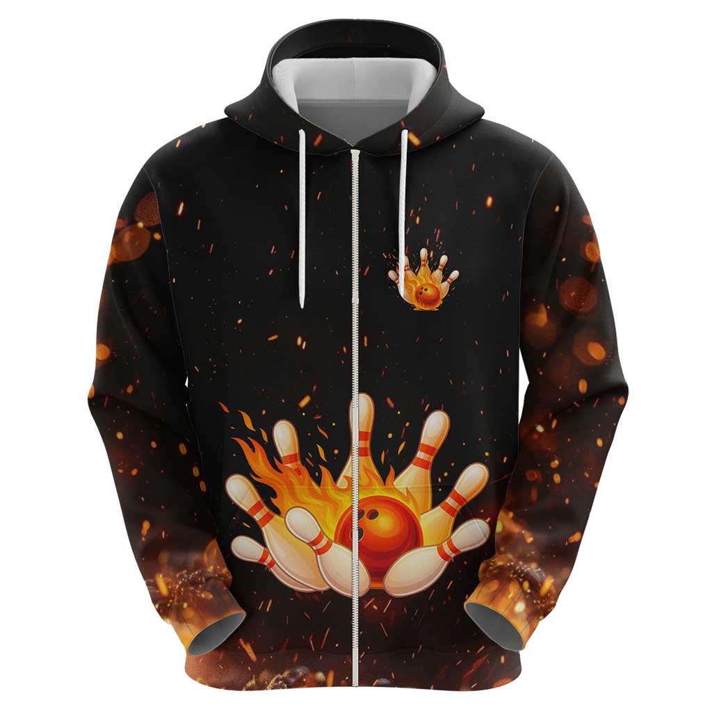 Flaming Bowling Ball Design Hoodie with Strike Pins and Glowing Fire Sparks on Dark Background TS04