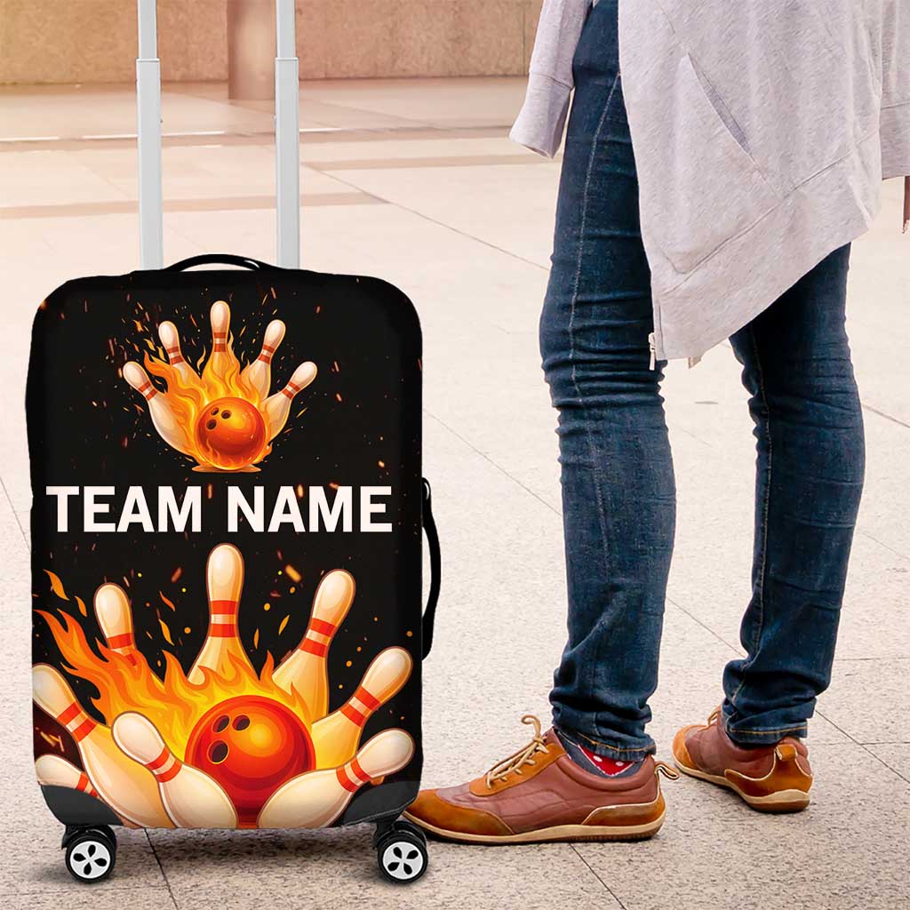 Flaming Bowling Ball Design Luggage Cover with Strike Pins and Glowing Fire Sparks on Dark Background TS04