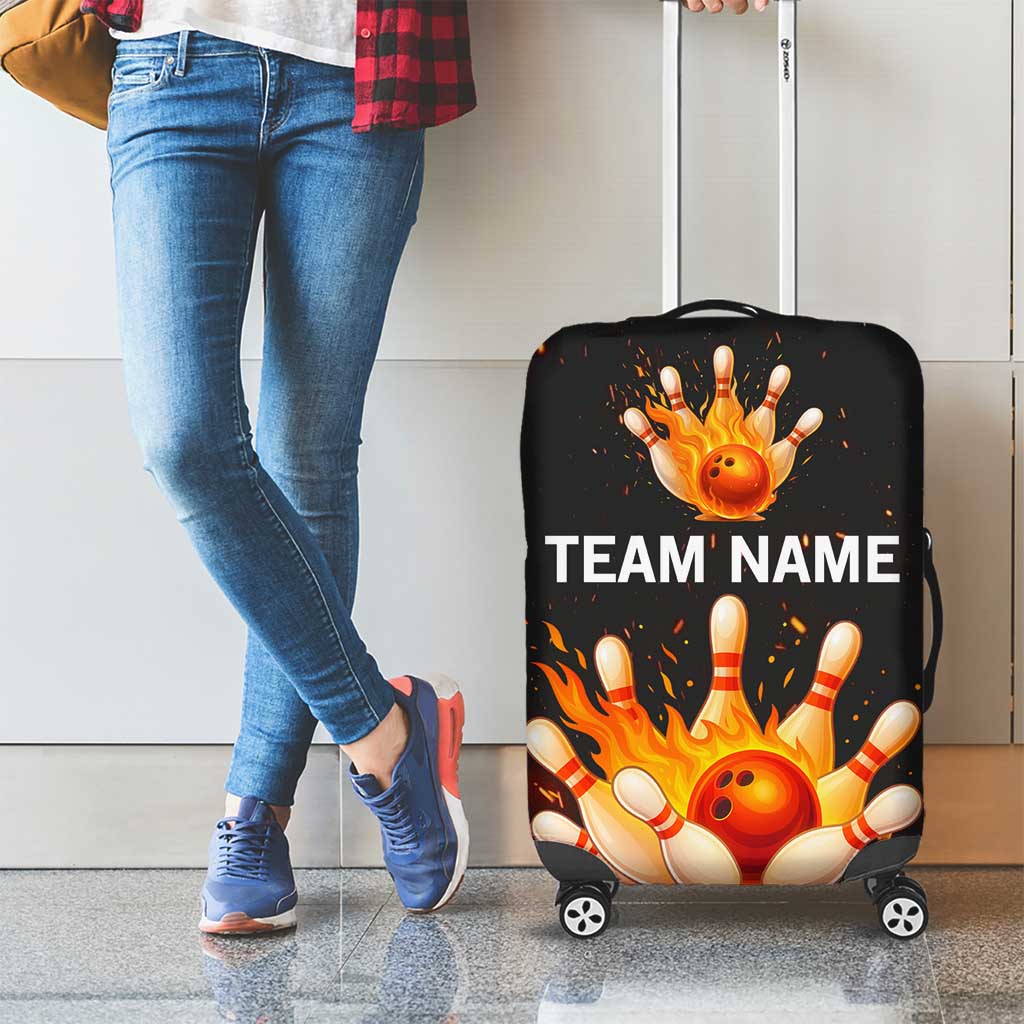 Flaming Bowling Ball Design Luggage Cover with Strike Pins and Glowing Fire Sparks on Dark Background TS04
