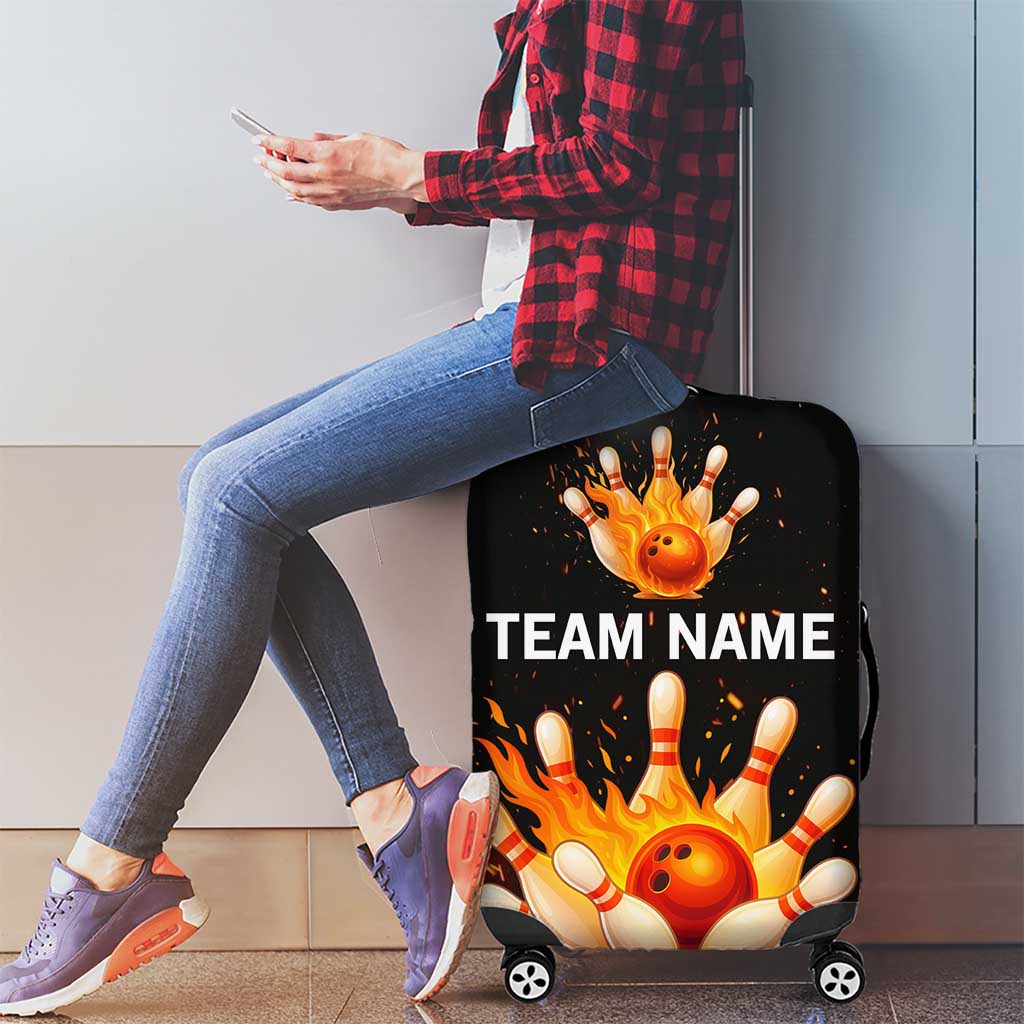 Flaming Bowling Ball Design Luggage Cover with Strike Pins and Glowing Fire Sparks on Dark Background TS04