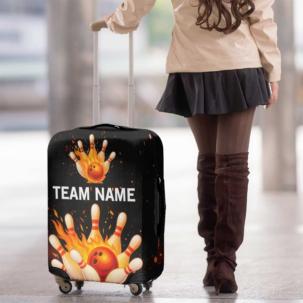 Flaming Bowling Ball Design Luggage Cover with Strike Pins and Glowing Fire Sparks on Dark Background TS04