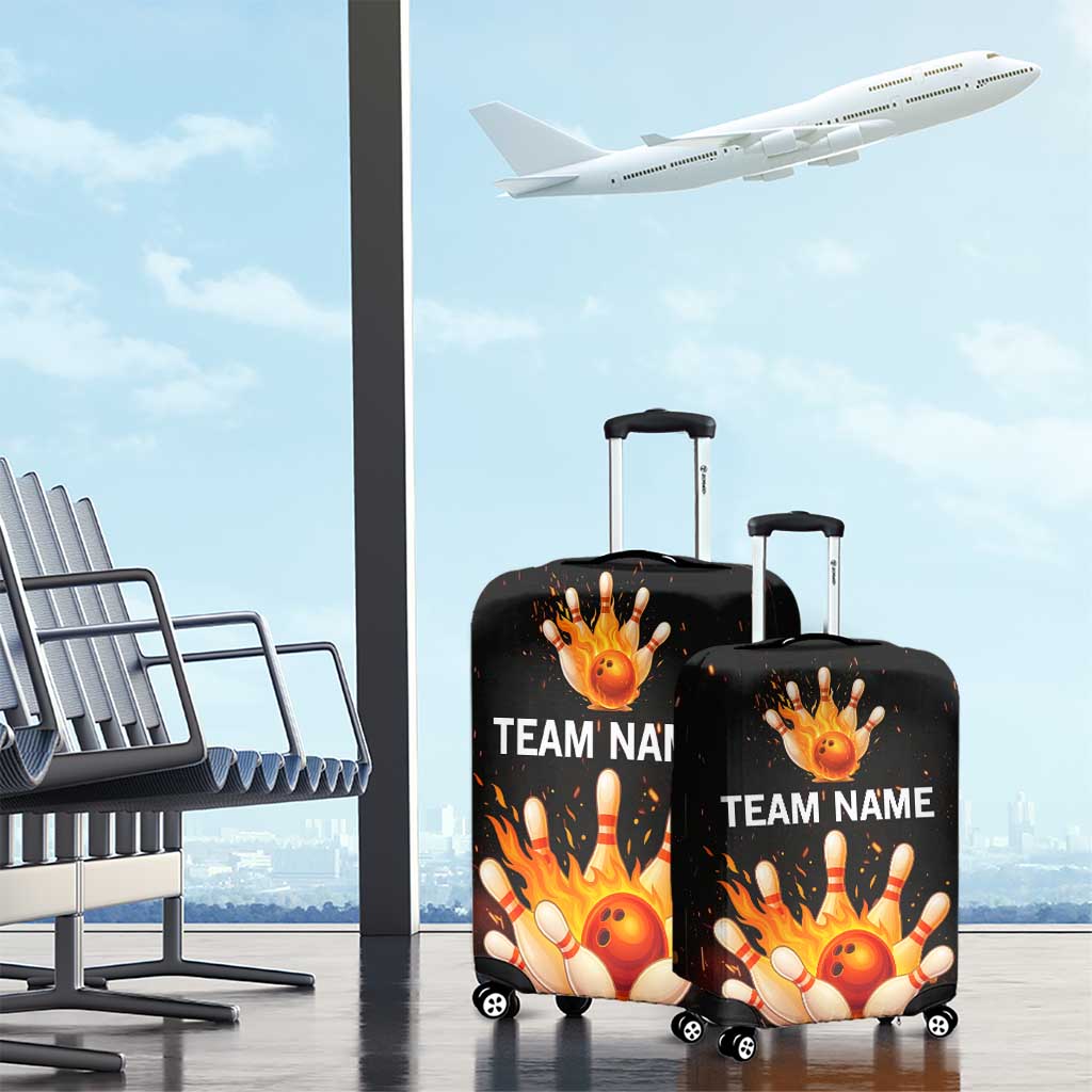 Flaming Bowling Ball Design Luggage Cover with Strike Pins and Glowing Fire Sparks on Dark Background TS04